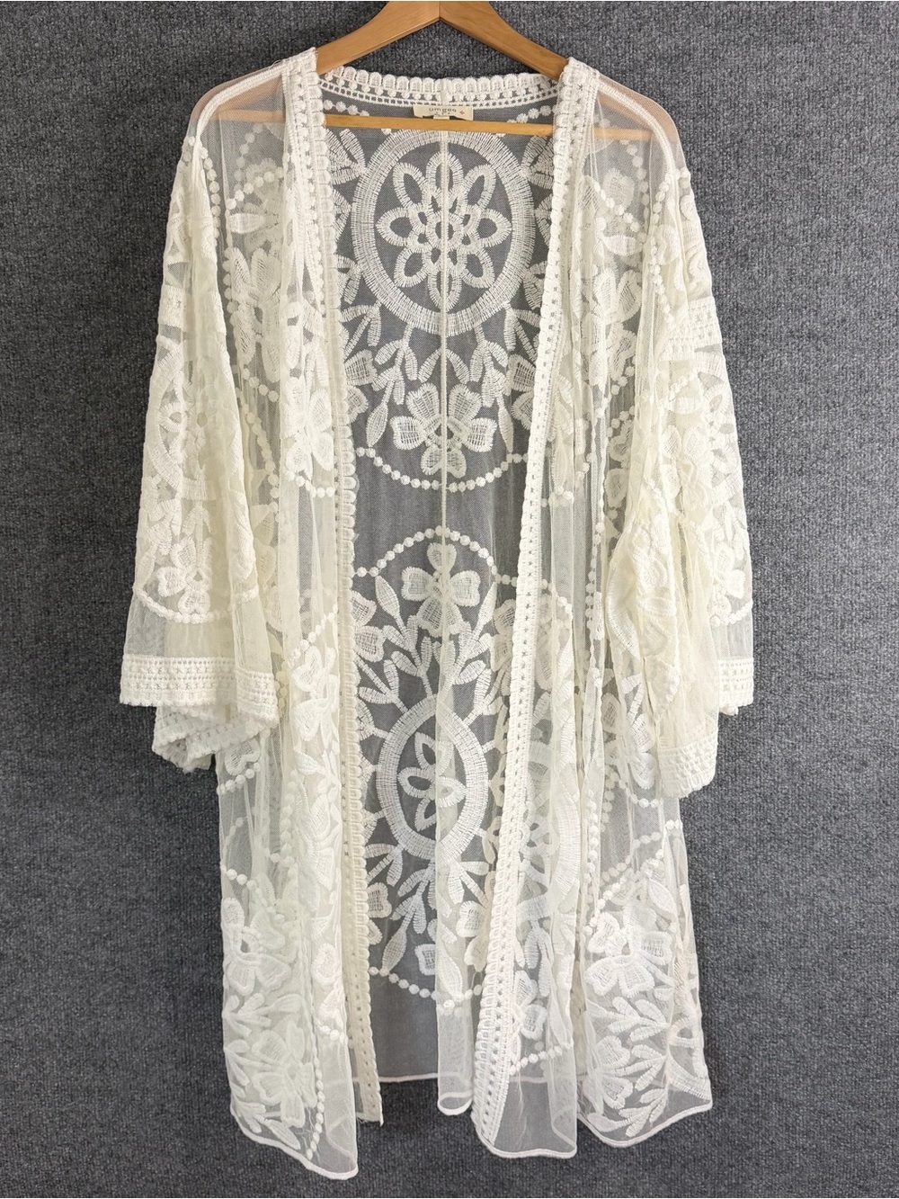 UMGEE Womens 2XL Ivory Open Front Lace Duster Cardigan 3/4 Sleeve Boho Festival